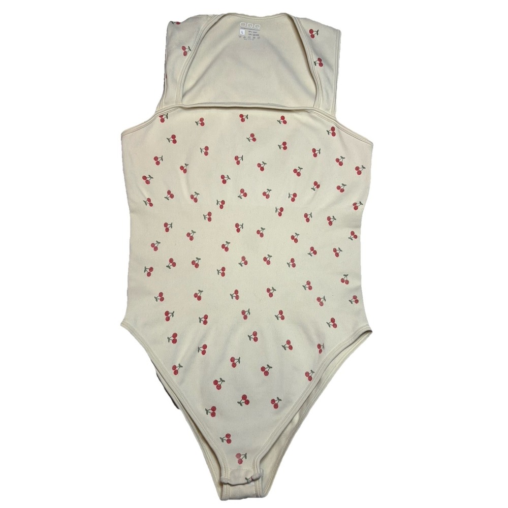 Ribbed Cherry Print Bodysuit Womens Large Cream Stretch Scoop Neck One Piece